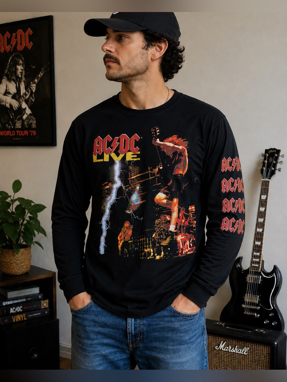 AC/DC Live Long Sleeve Band T Shirt Mens Medium Black Graphic Rock Concert Tee